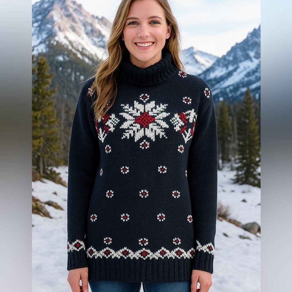 Vintage Jones New York Sport Wool Chunky Sweater Medium Snowflake 90s‎ Holiday